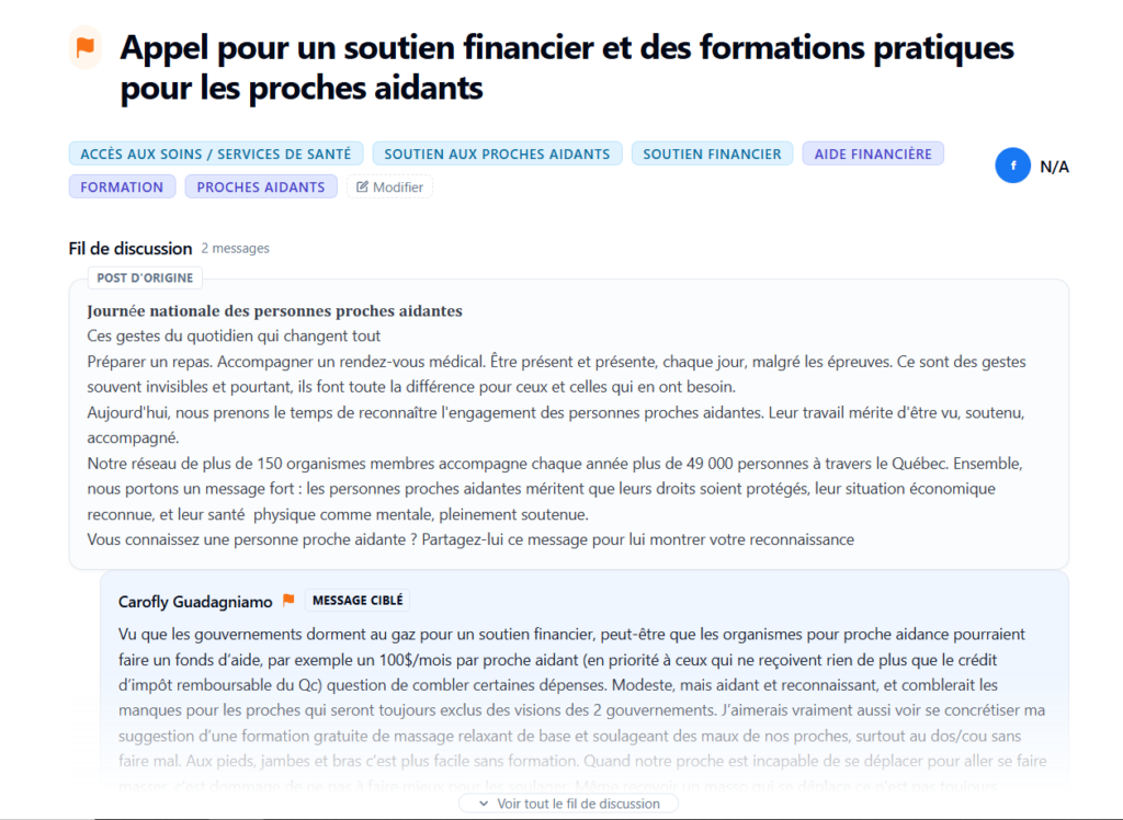 Figure 4 — Fiche détail d'une alerte : catégories, mots-clés et fil de discussion